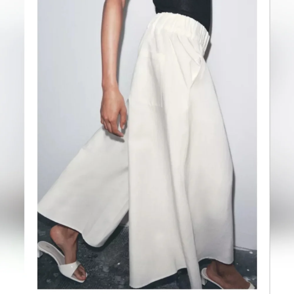 Zara Zw Collection Ecru Linen Volume Wide-Leg Crop Pants Sz-S